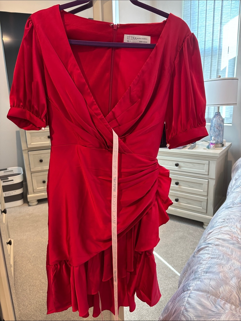 Mac Duggal Vibrant Red V-Neck Ruffle Wrap Dress